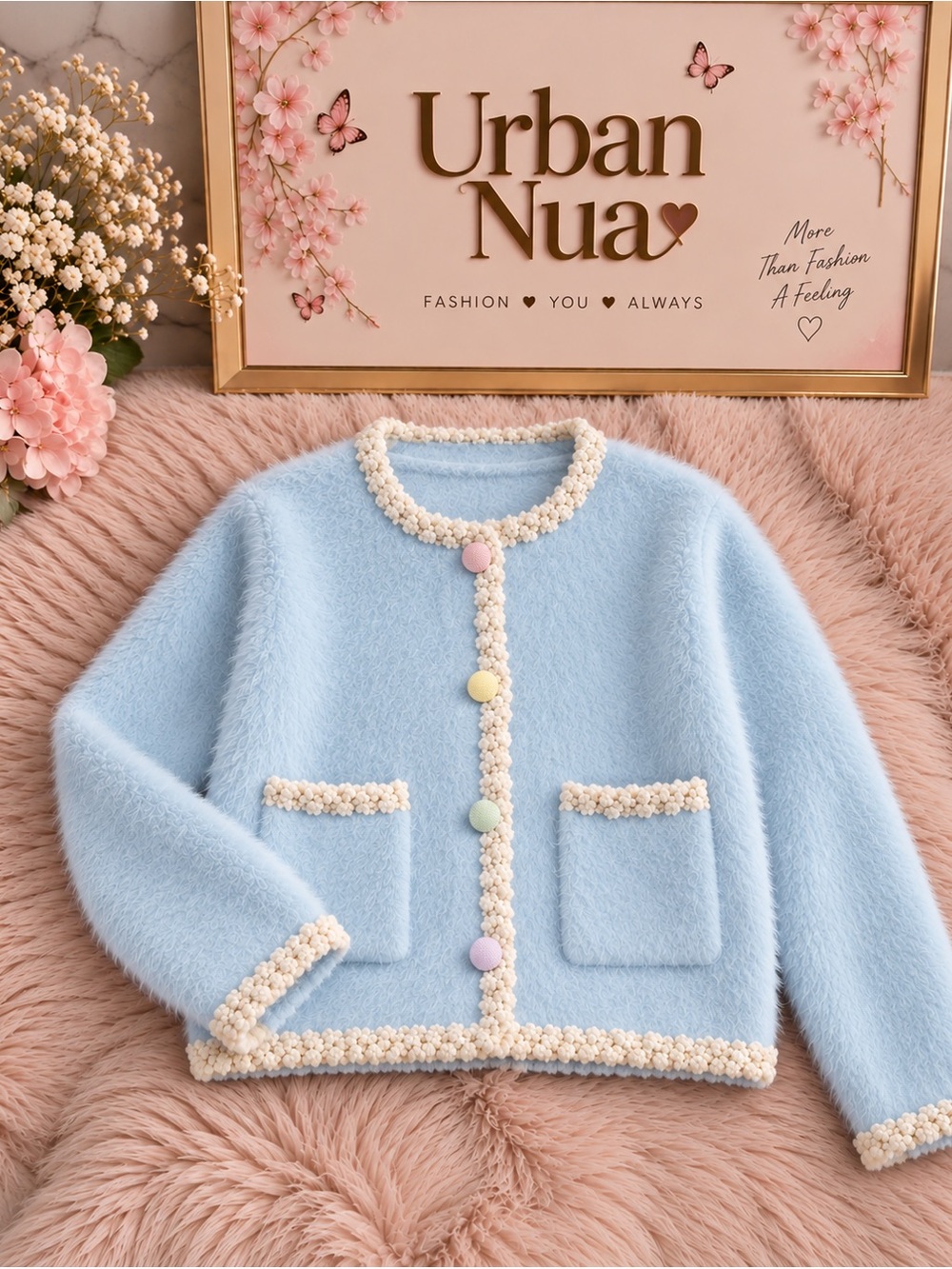 Powder Blue Fuzzy Cardigan | Cream Trim | Pastel Button Sweater | Women’s Cozy K